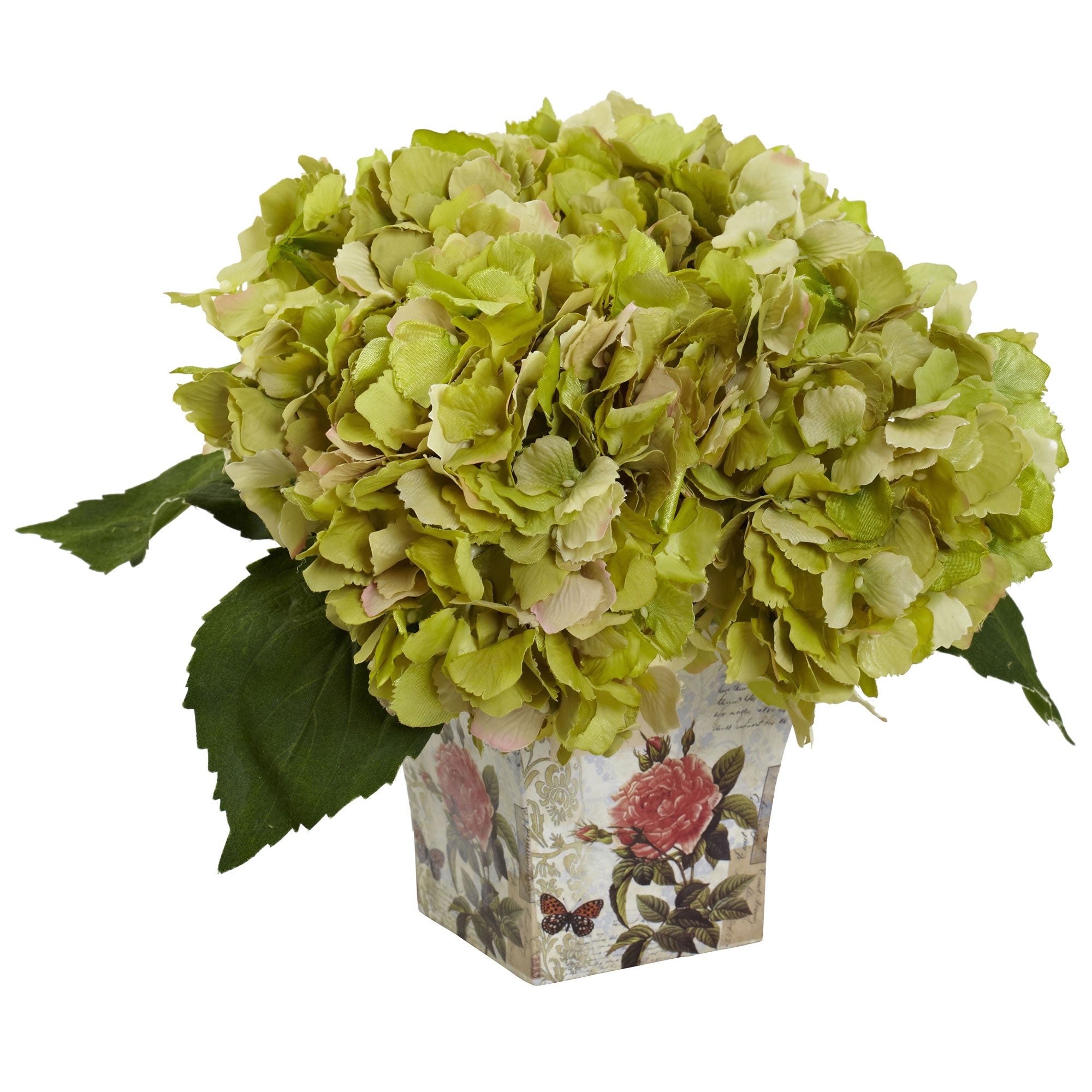 9.5" Hydrangea with Floral Planter Green