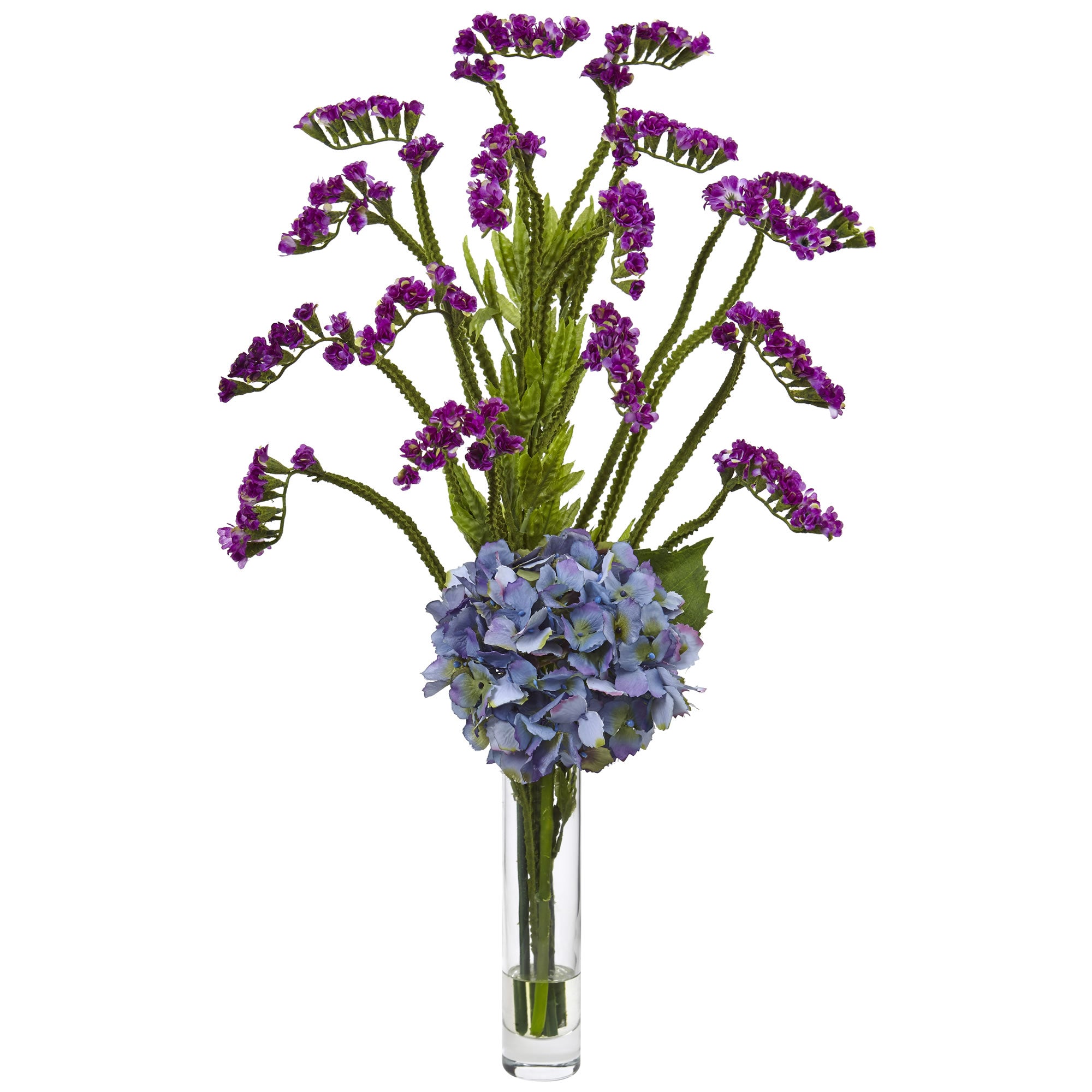 22" Hydrangea and Statice Bud Arrangement Blue Purple