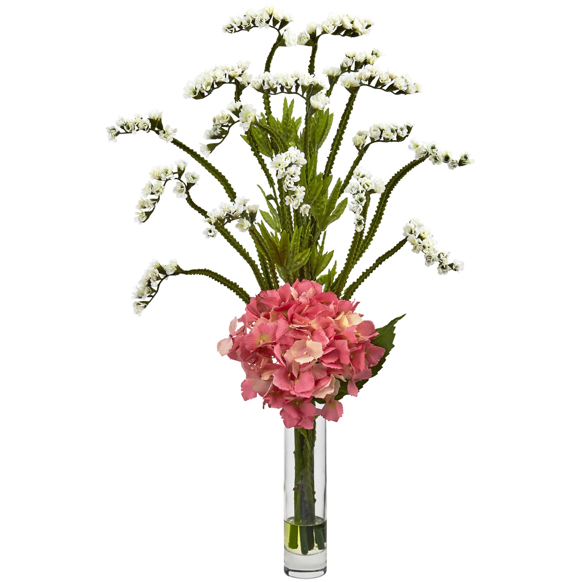 22" Hydrangea and Statice Bud Arrangement White Pink