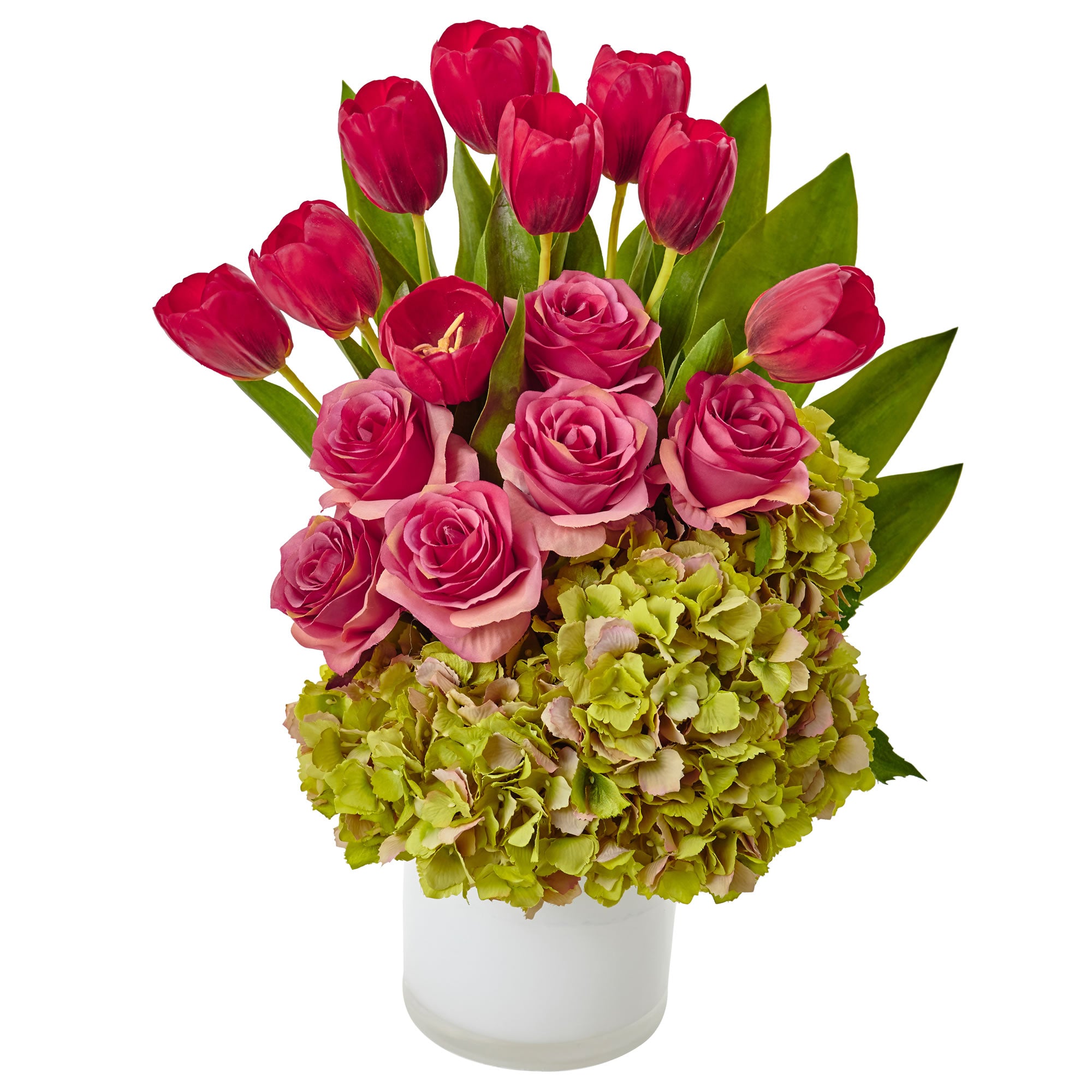21" Tulip Rose & Hydrangea Arrangement Green Pink