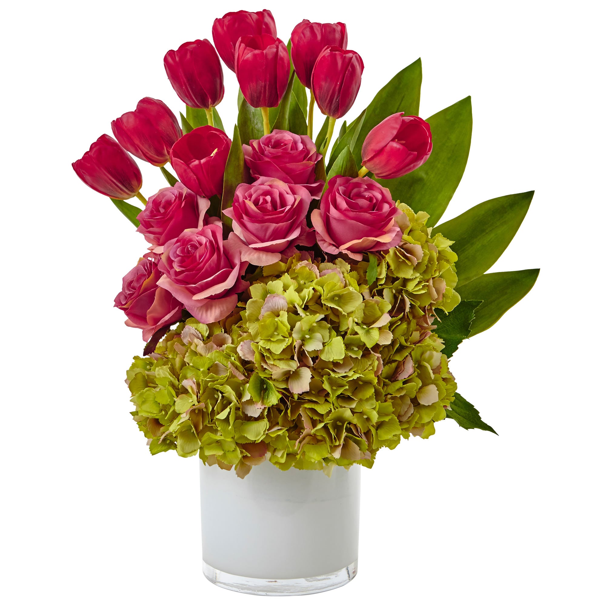21" Tulip Rose & Hydrangea Arrangement Green Pink
