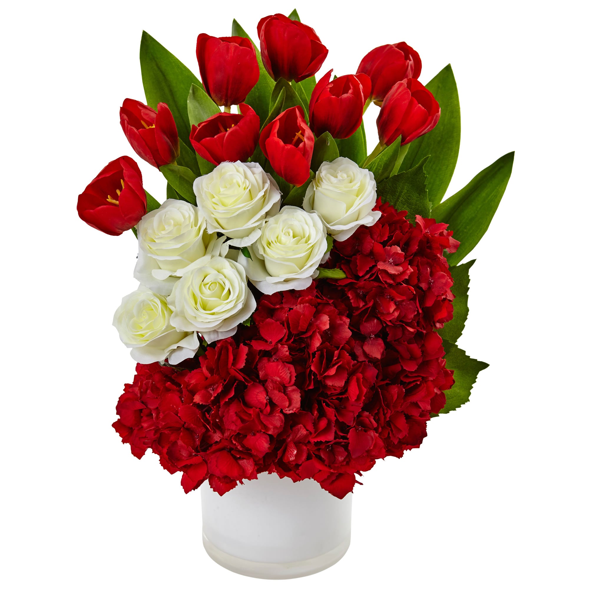 21" Tulip Rose & Hydrangea Arrangement Red/White