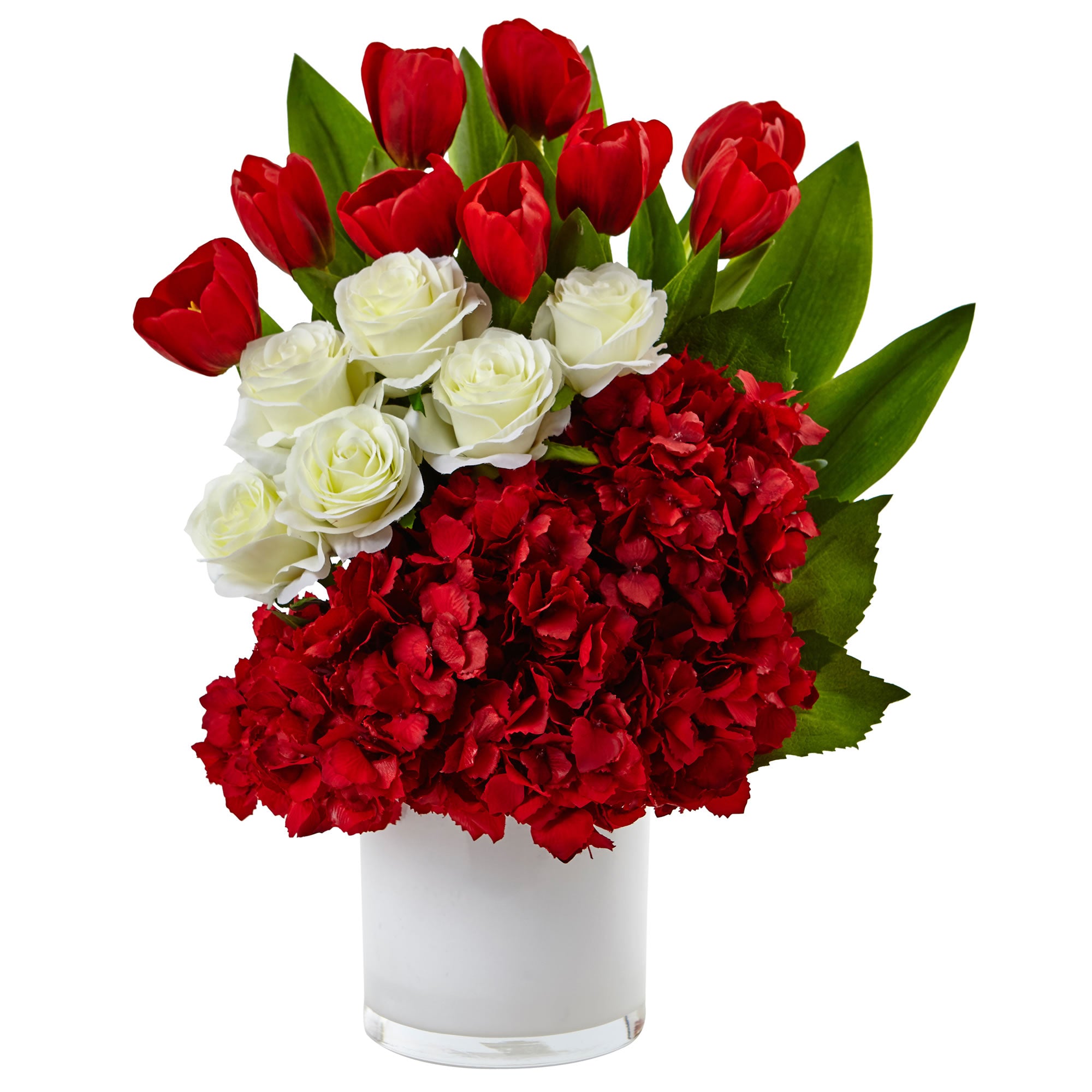 21" Tulip Rose & Hydrangea Arrangement Red/White
