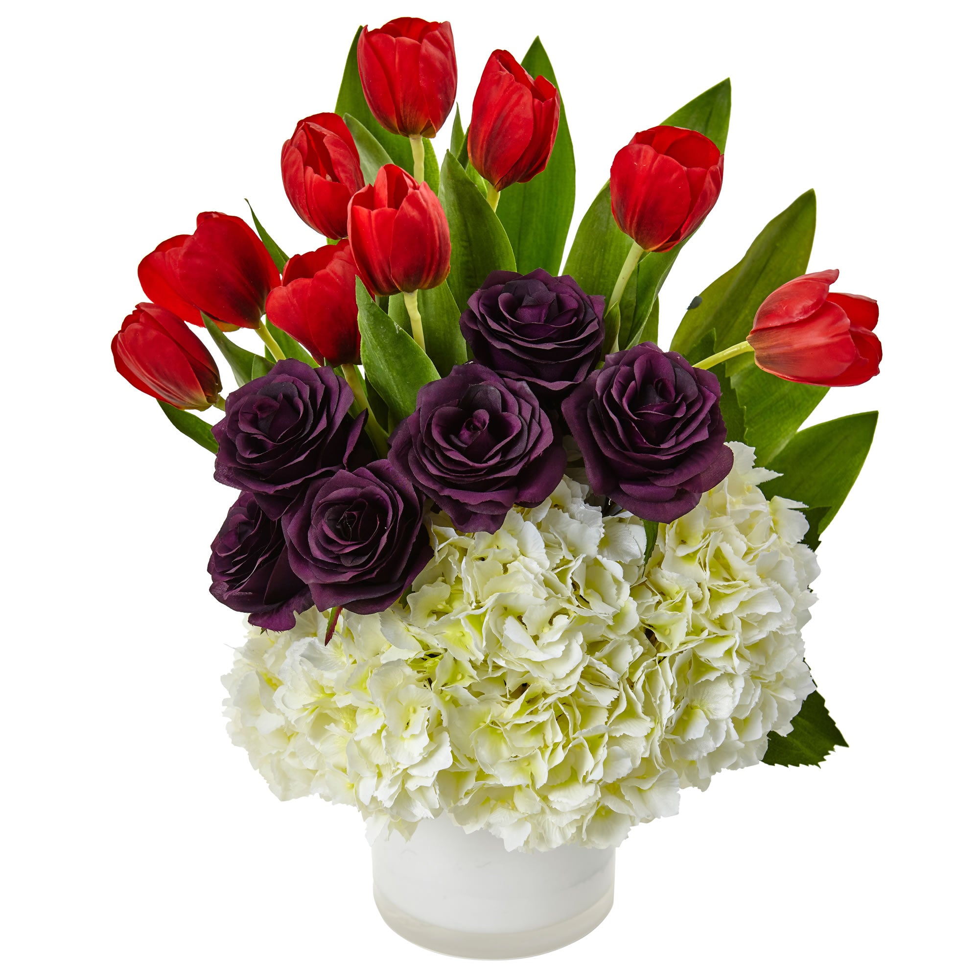 21" Tulip Rose & Hydrangea Arrangement White Purple