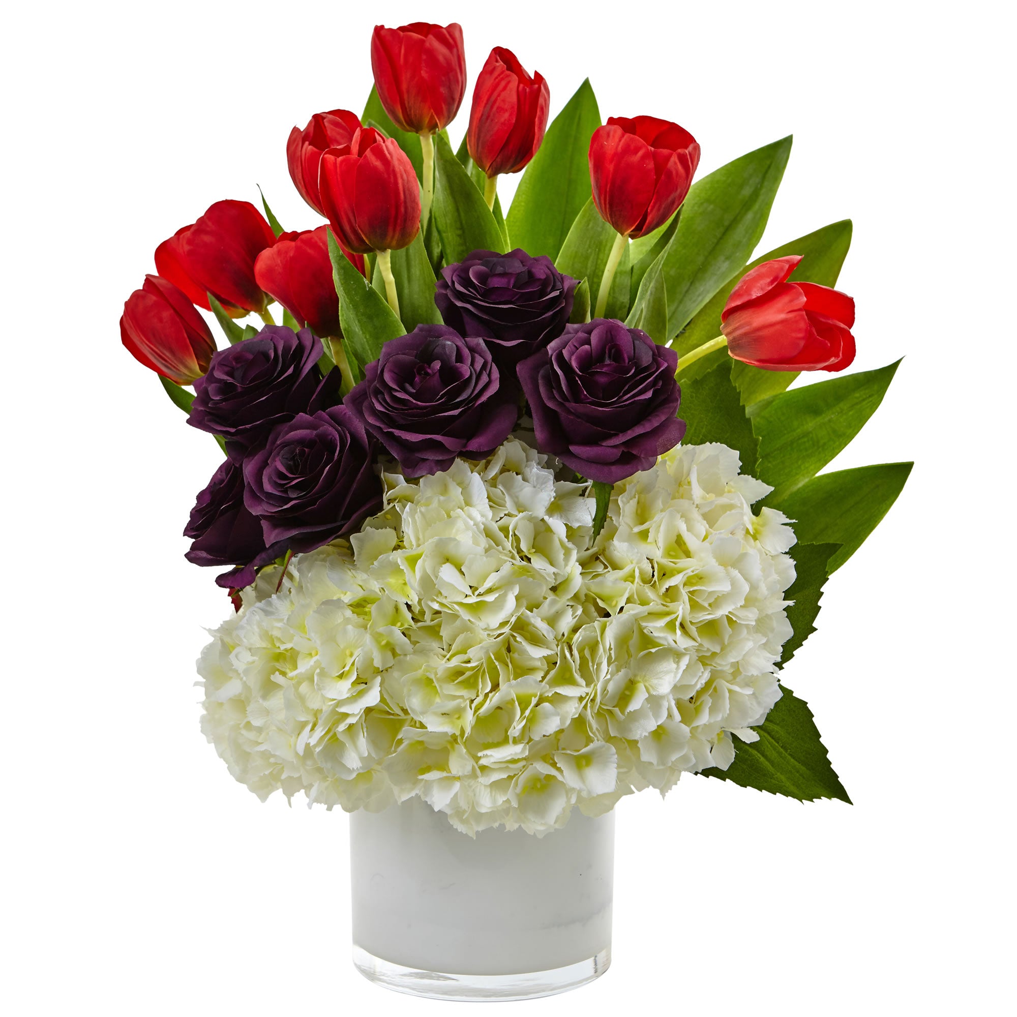 21" Tulip Rose & Hydrangea Arrangement White Purple
