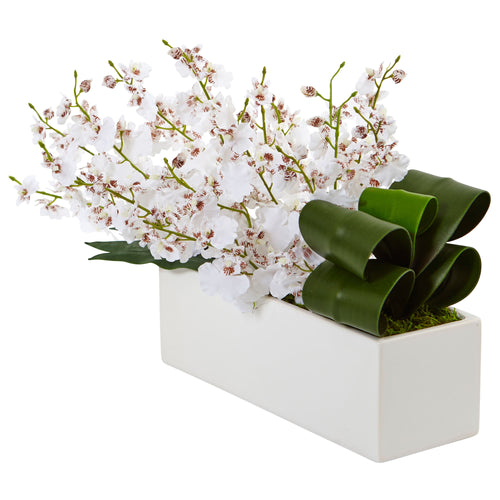 10" Dancing Lady Orchid in Rectangular Ceramic White