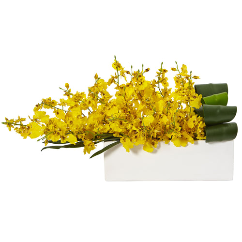 10" Dancing Lady Orchid in Rectangular Ceramic Yellow