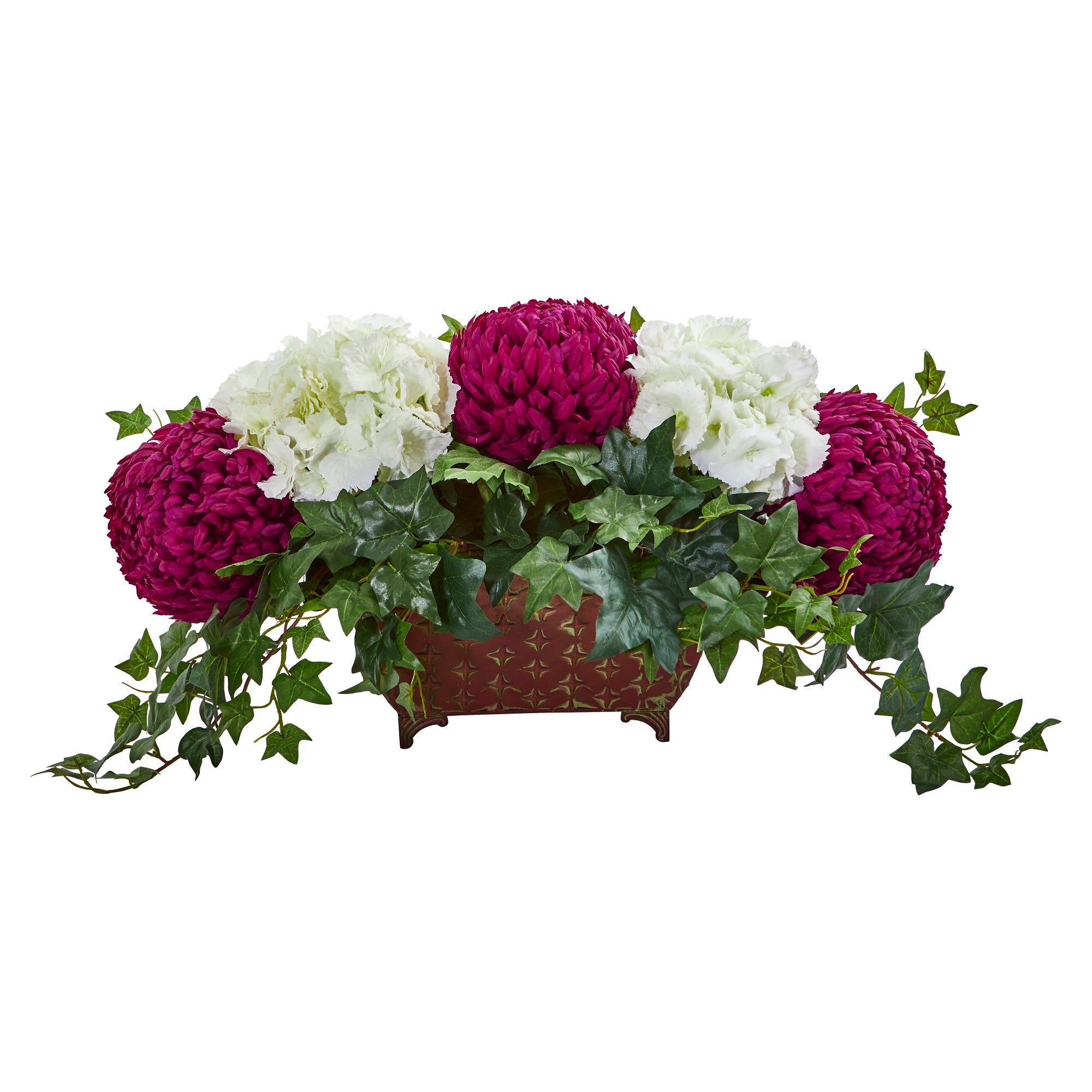 38" Mum & Hydrangea Artificial Arrangement in Metal Planter