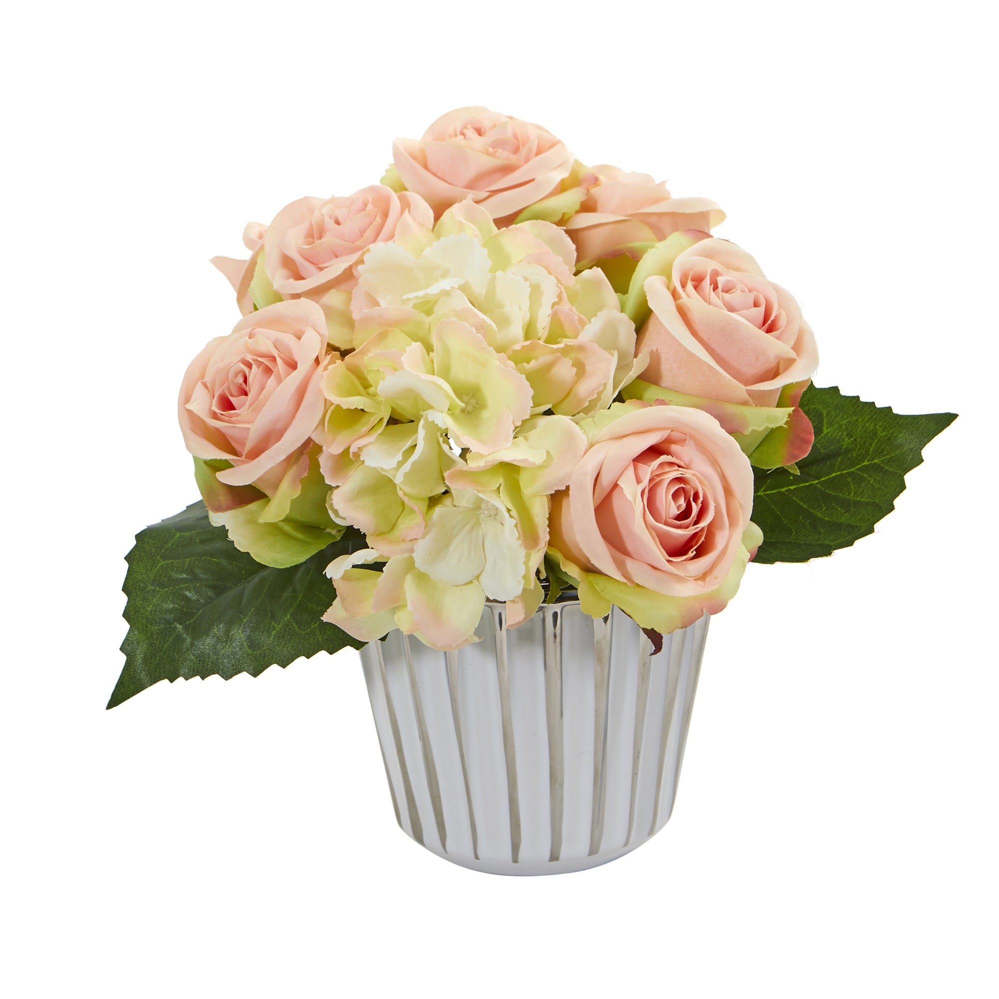 8" Rose and Hydrangea Bouquet in White and Silver Vase