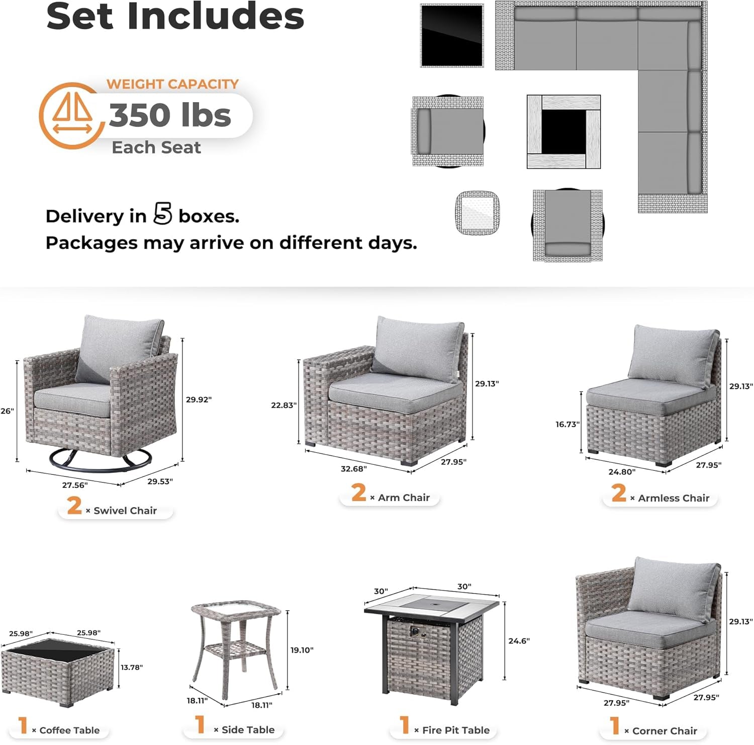 Modular Outdoor Wicker Sofa Set with Fire Pit