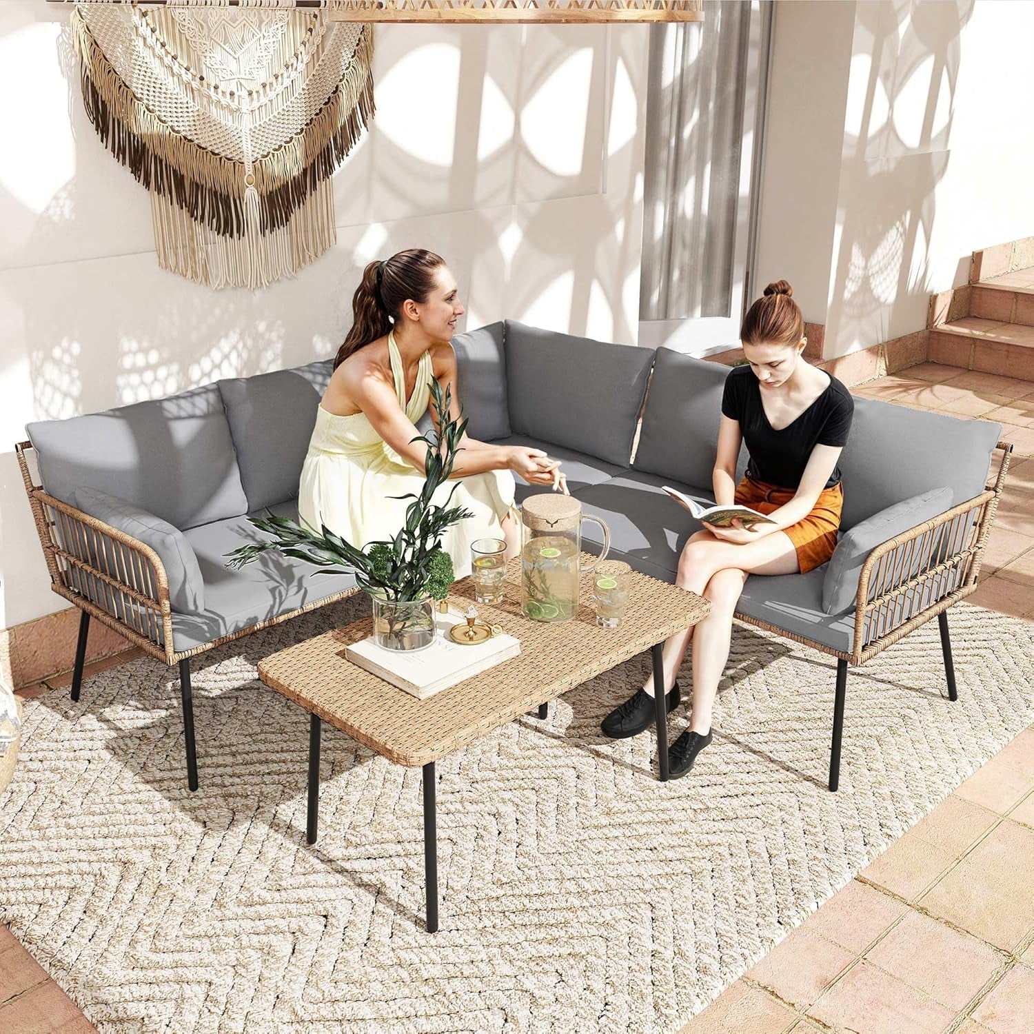 Patio Furniture Set 4 Piece Wicker Outdoor Grey Sectional