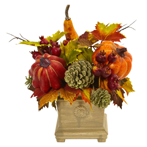 11" Pumpkin, Gourd, Berry and Maple Leaf Arrangement