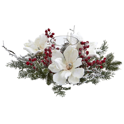 17" Frosted Magnolia & Berry Candelabrum