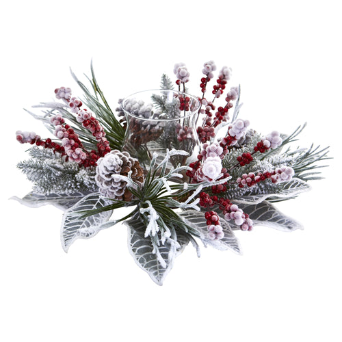 17" Snowy Magnolia Berry Artificial Arrangement Candelabrum
