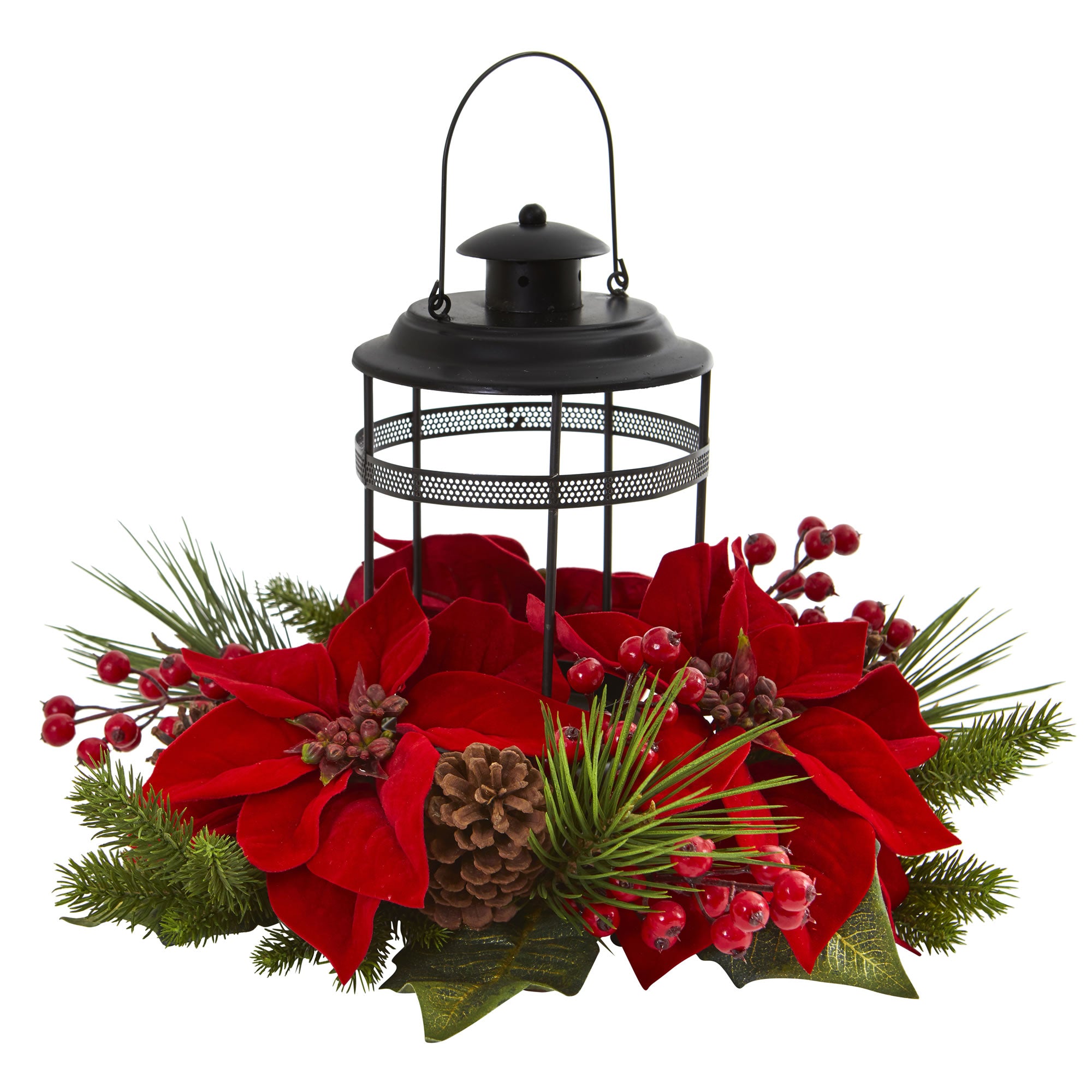 13" Poinsettia Berry Pine Artificial Arrangement Candelabrum