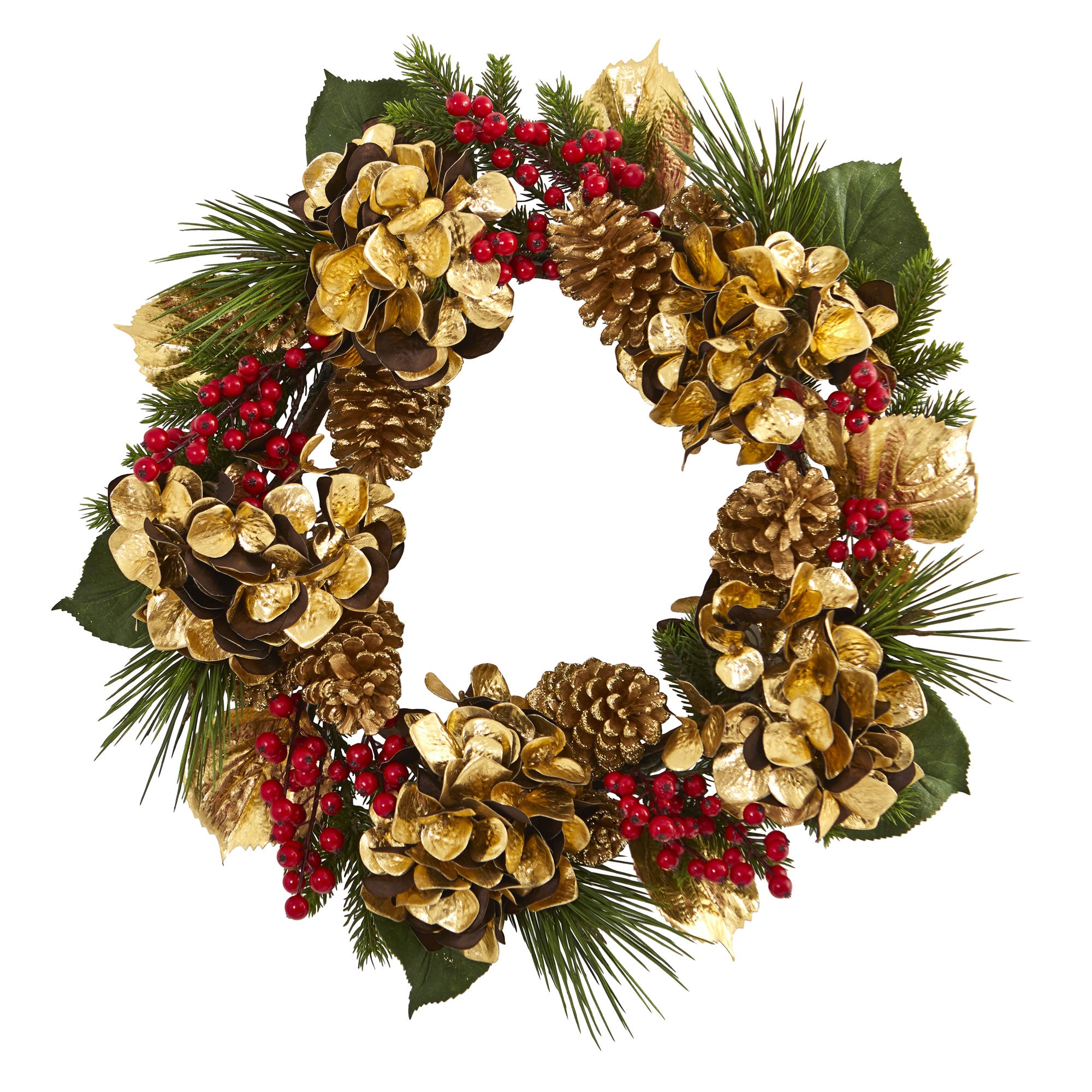24" Golden Hydrangea with Berries and Pine Artificial Wreath