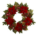 24" Poinsettia Berry and Golden Pine Cone Artificial Wreath