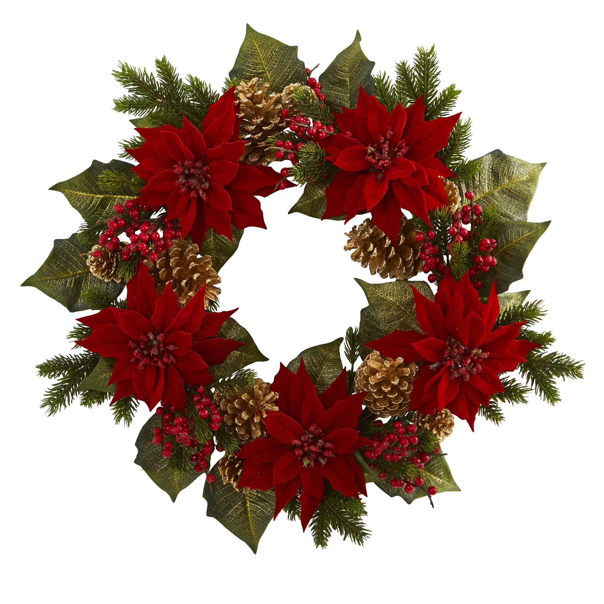 24" Poinsettia Berry and Golden Pine Cone Artificial Wreath