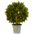 18" Pine Ball Topiary with Iron Planter and Lights