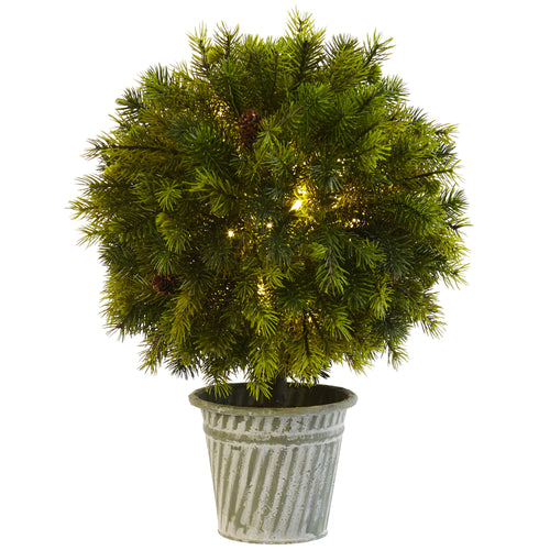 18" Pine Ball Topiary with Iron Planter and Lights