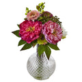 14" Peony and Mum in Glass Vase