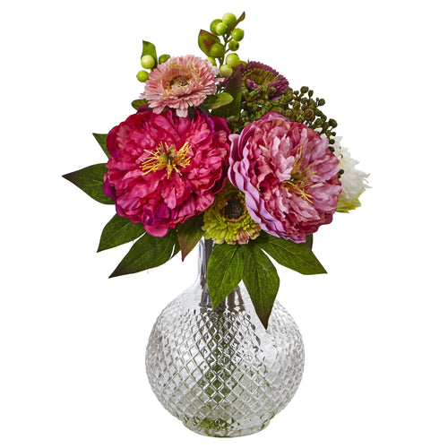 14" Peony and Mum in Glass Vase