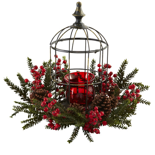15" Pine Berry Birdhouse Candelabrum