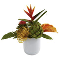 14" Tropical Floral Arrangement w/White Glass Vase