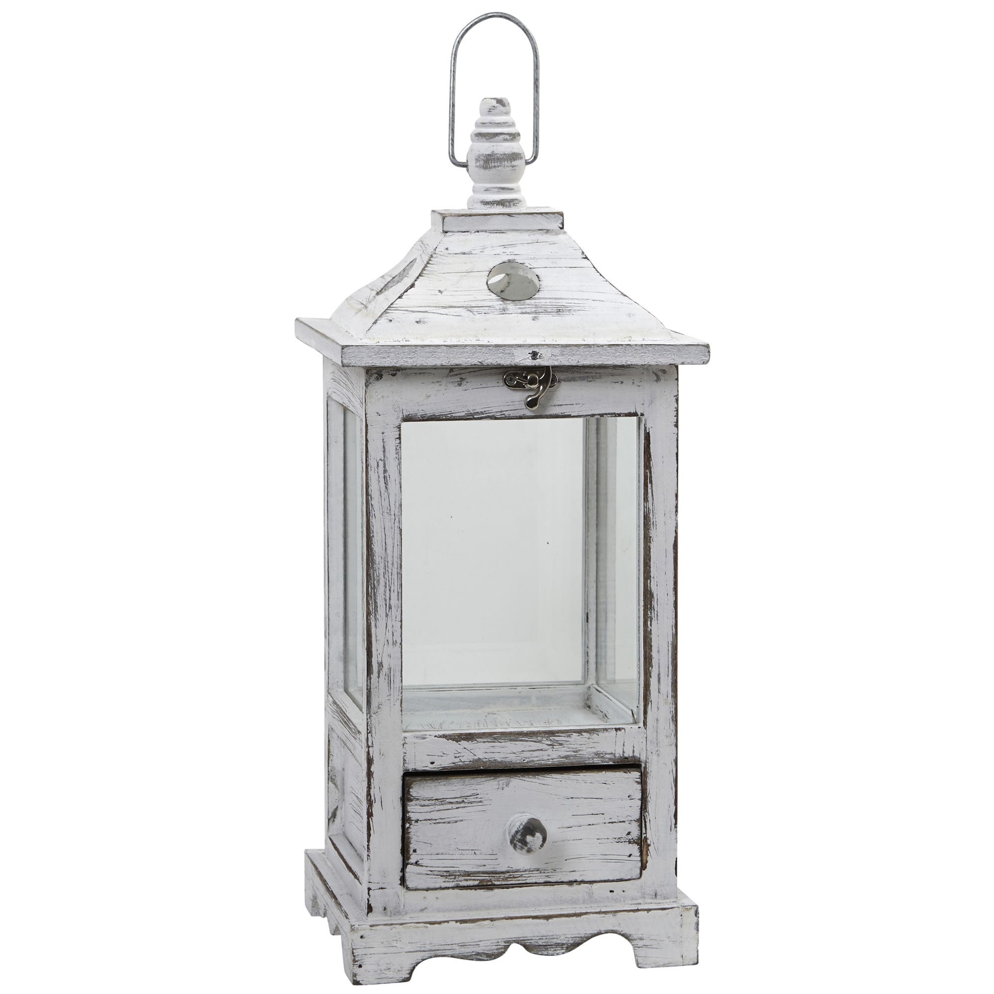17.25" Distressed Wooden Lantern with Drawers