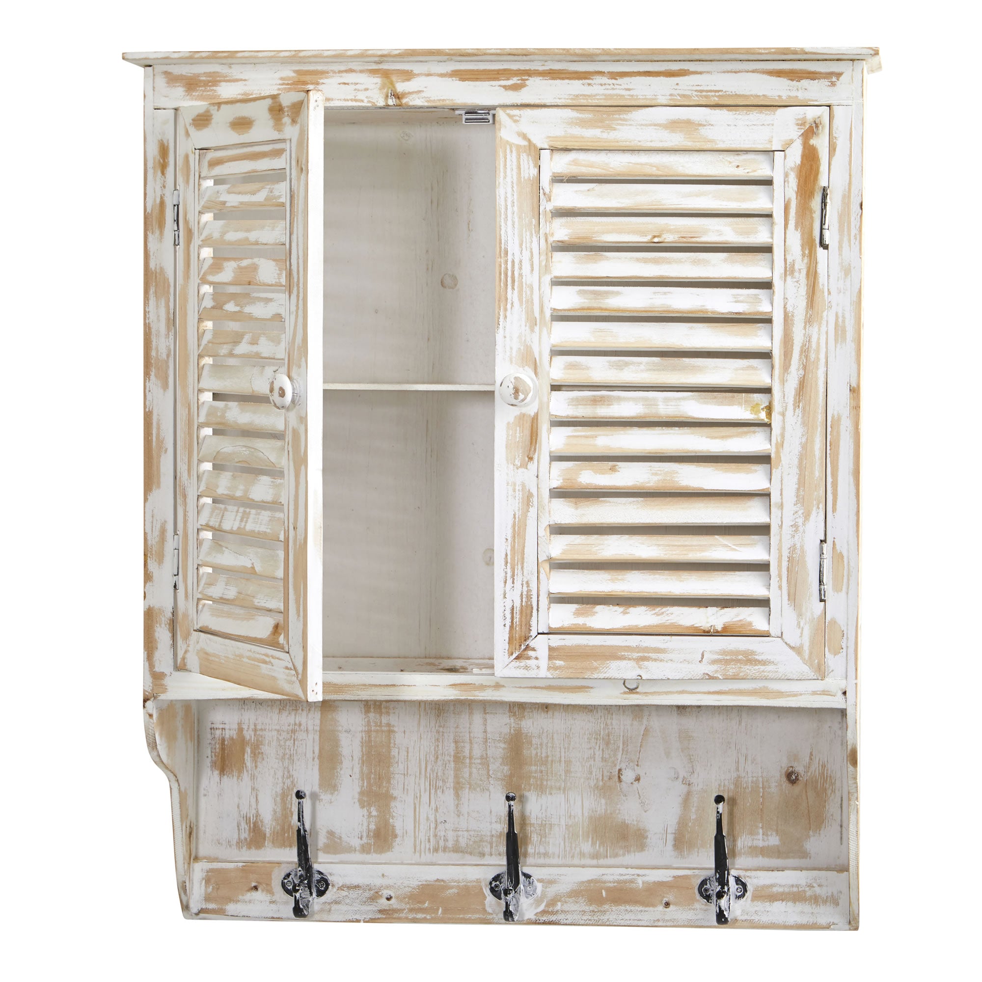 32" White Washed Wall Cabinet with Hooks