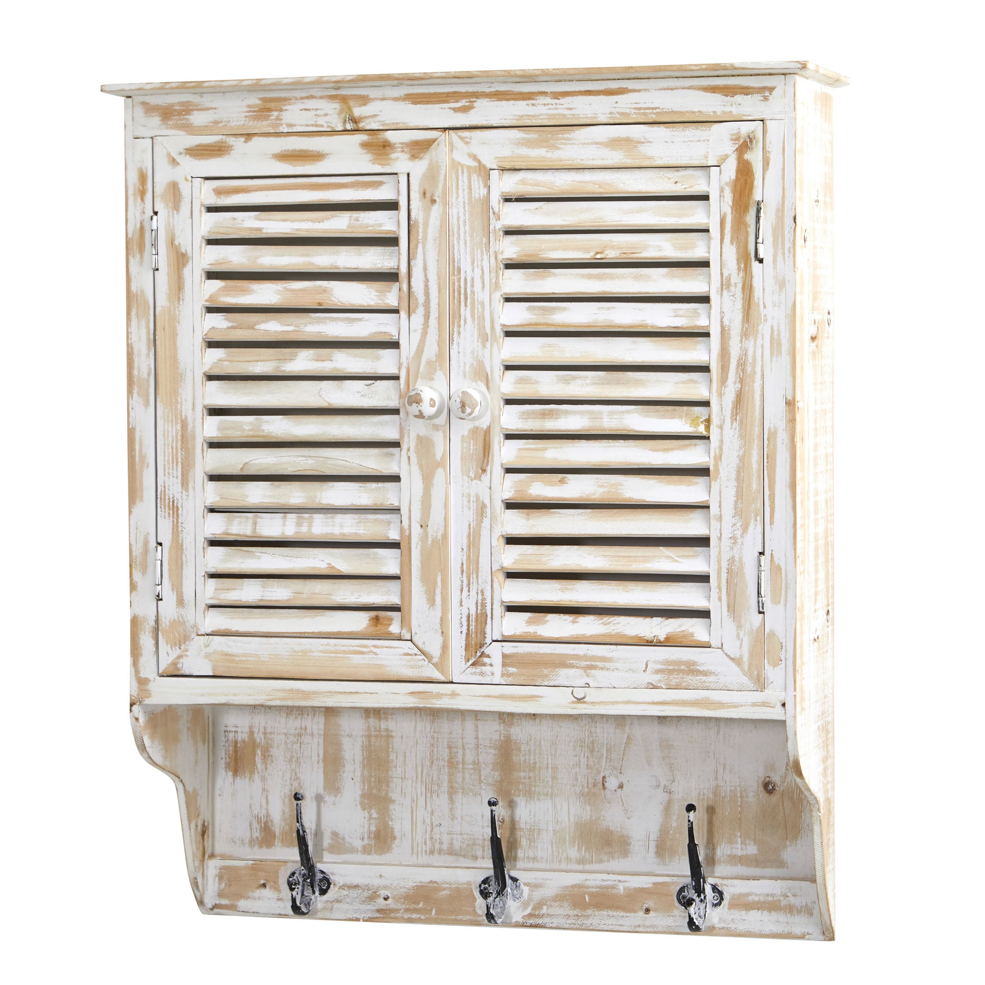 32" White Washed Wall Cabinet with Hooks