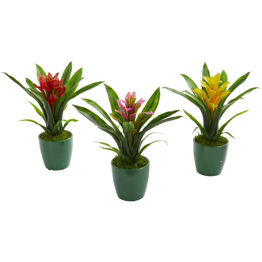 10" Bromeliad Artificial Plant in Green Planter (Set of 3)