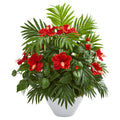 27" Hibiscus and Areca Palm Artificial Plant in White Bowl