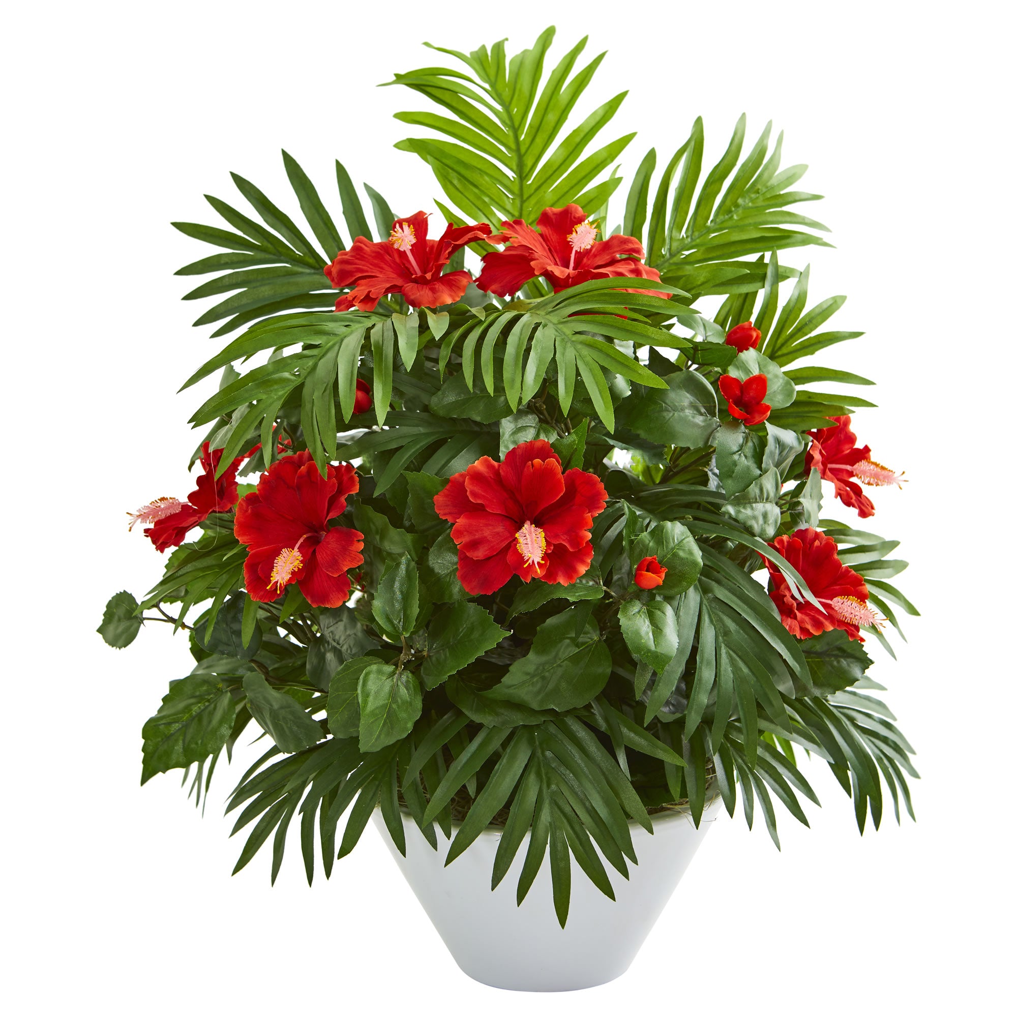27" Hibiscus and Areca Palm Artificial Plant in White Bowl