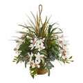29" Cymbidium & Mixed Greens Artificial Plant Hanging Basket