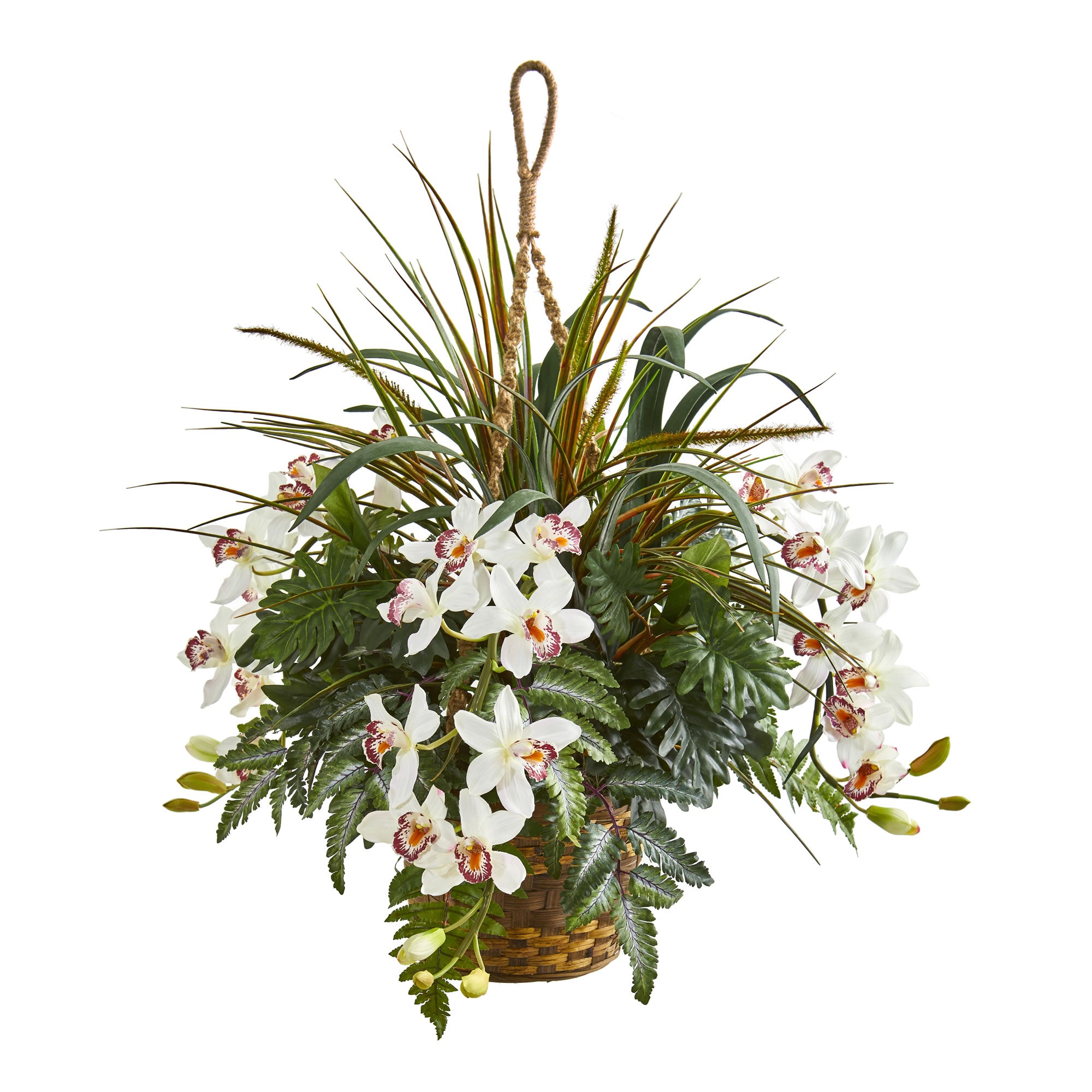29" Cymbidium & Mixed Greens Artificial Plant Hanging Basket