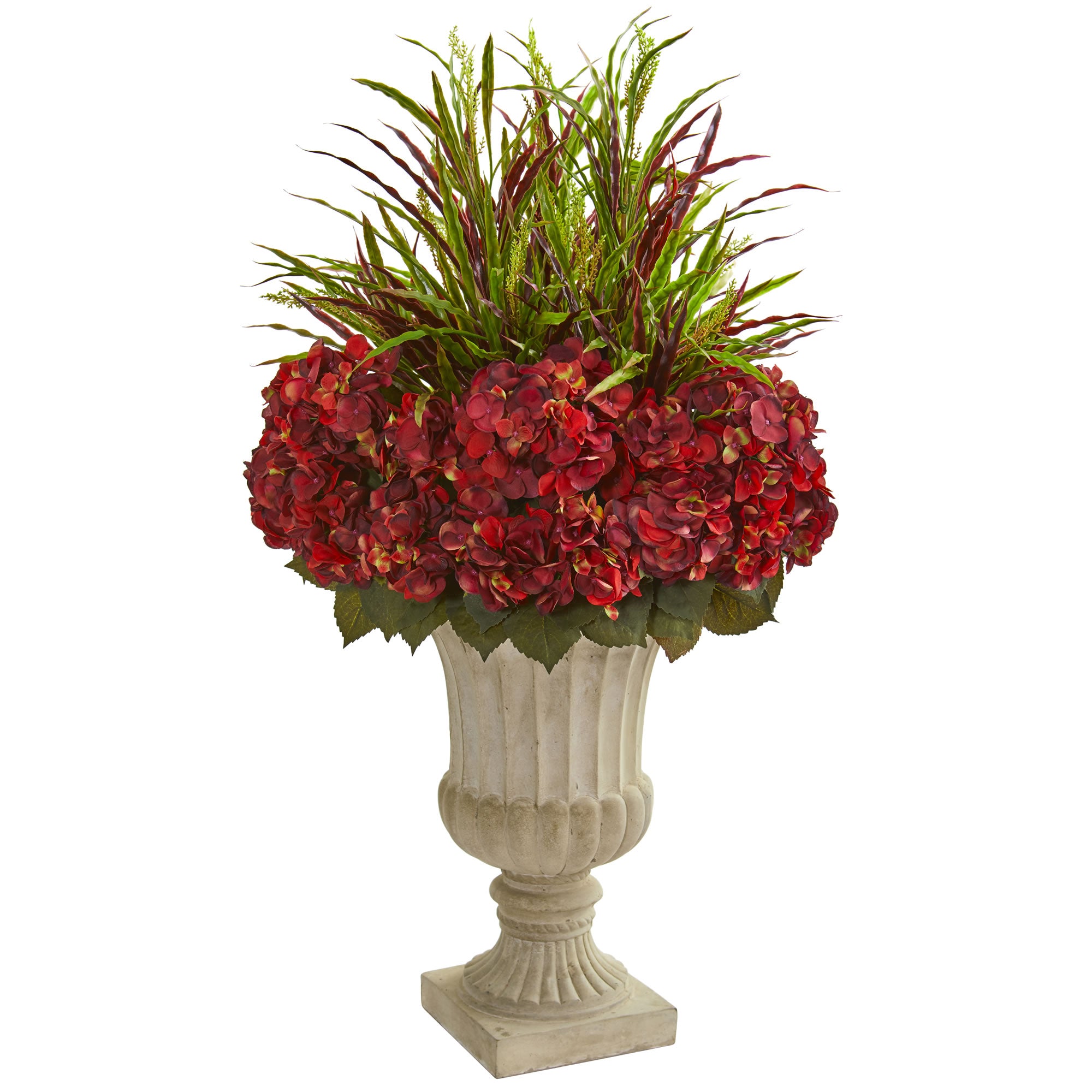 43" Hydrangea & Grass Artificial Plant in Stone Urn