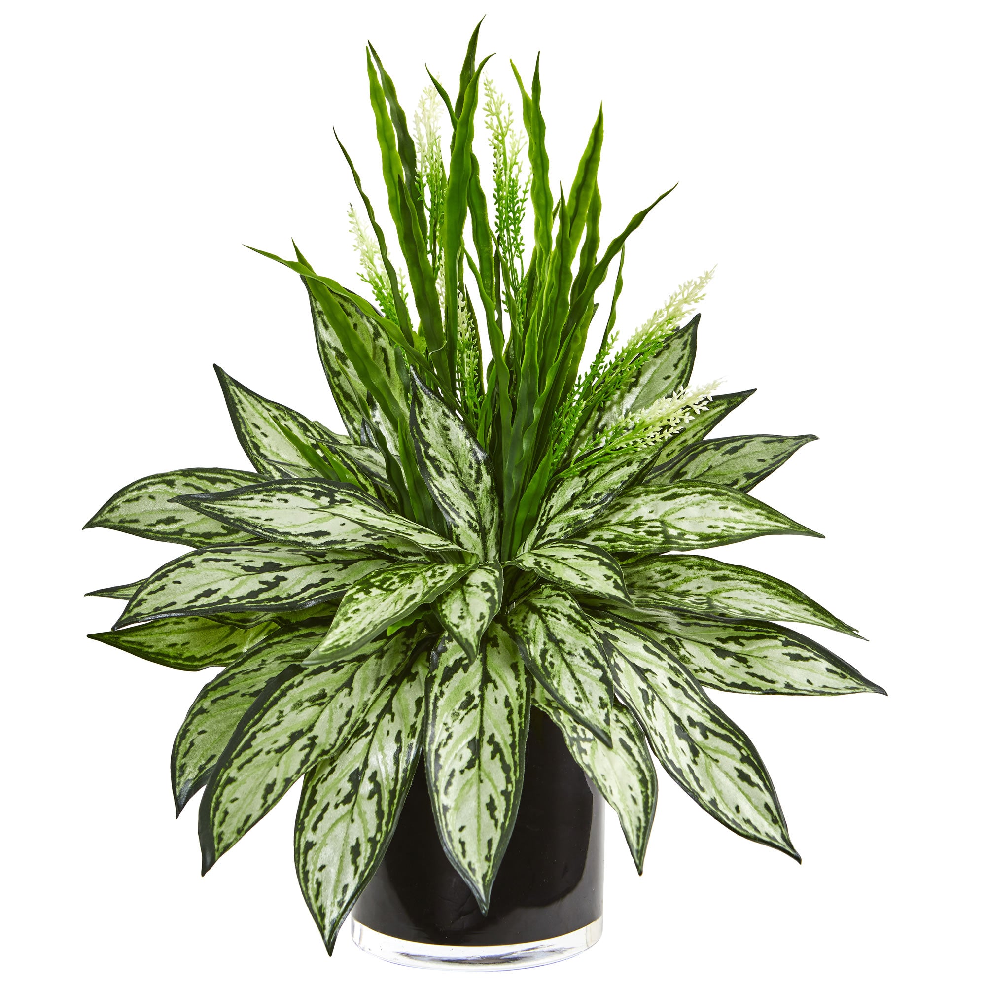 20" Silver Queen and Grass Artificial Plant in Black Vase