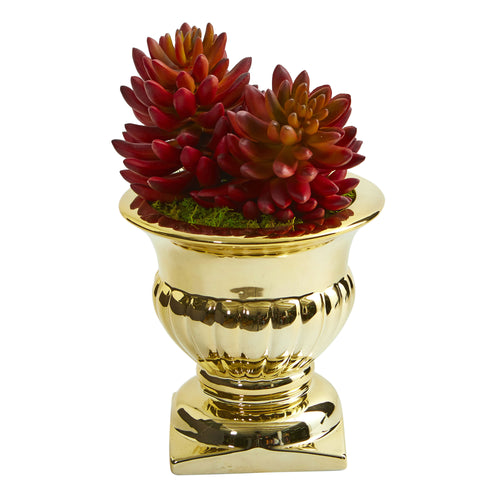 11" Succulent Artificial Plant in Gold Urn