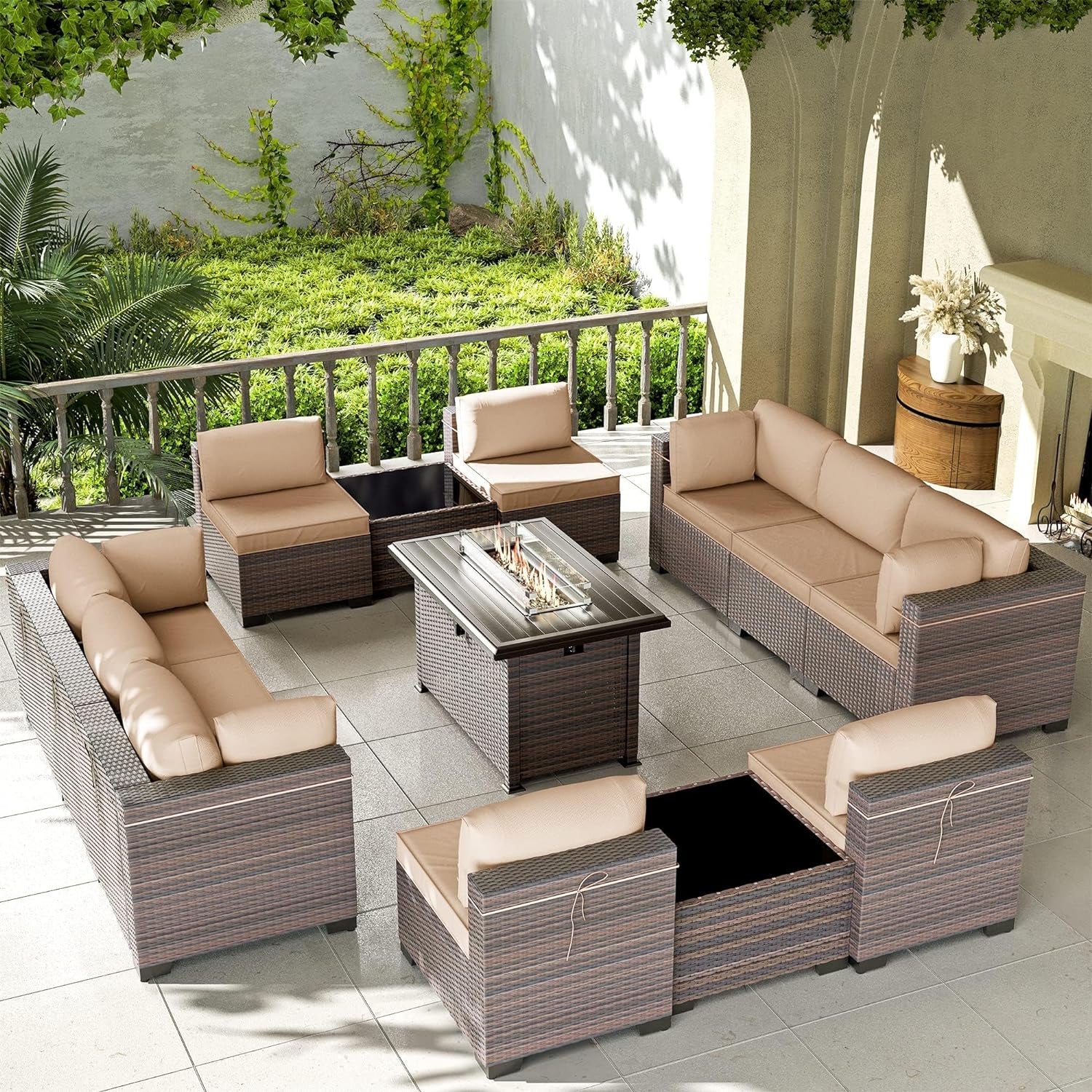 13 Piece Outdoor Patio Furniture Set with Fire Pit
