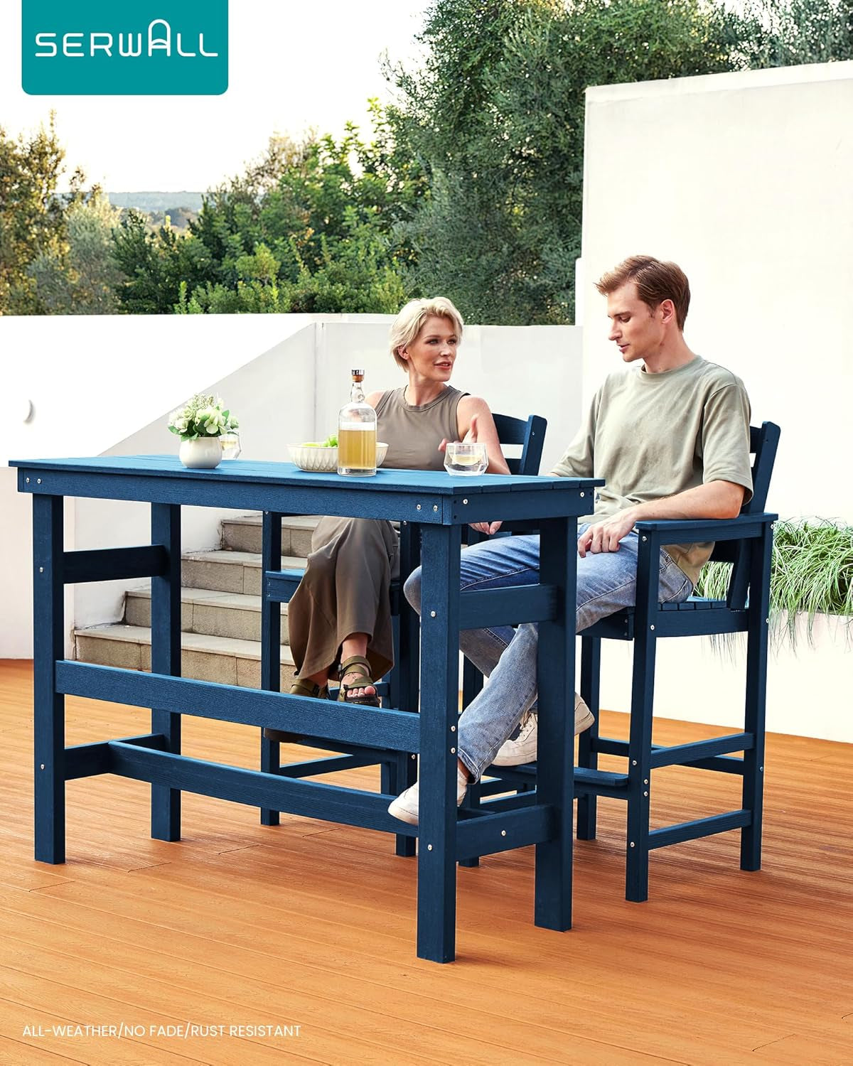 Adirondack Outdoor Bar Table And Chairs Set Blue