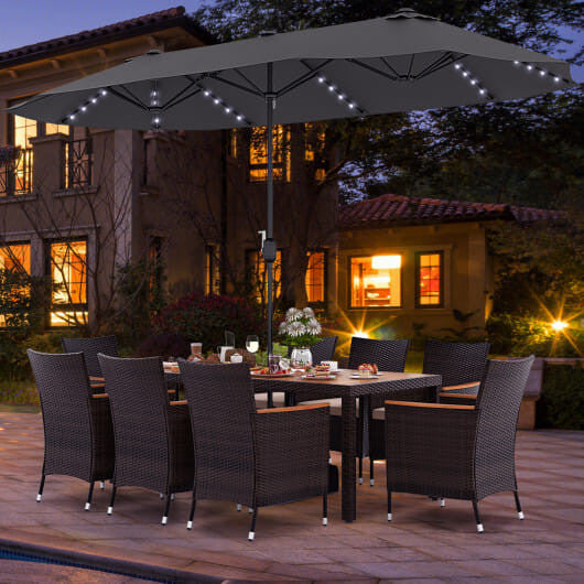 11 Pieces Patio Dining Set with 15 Feet Double-Sided Patio Umbrella and Base-Coffee