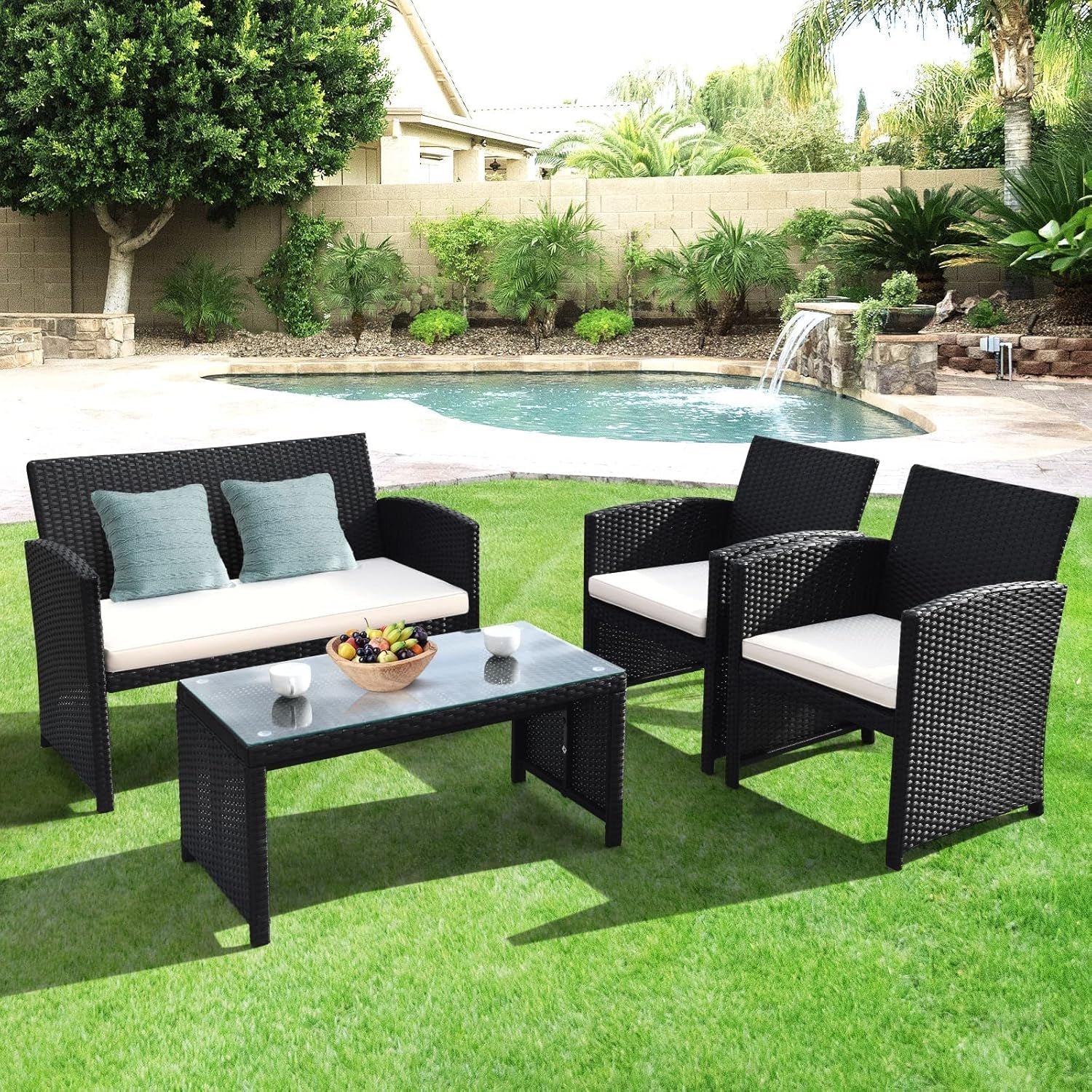 Rattan Outdoor Patio Furniture Set 4 Piece White Cushions