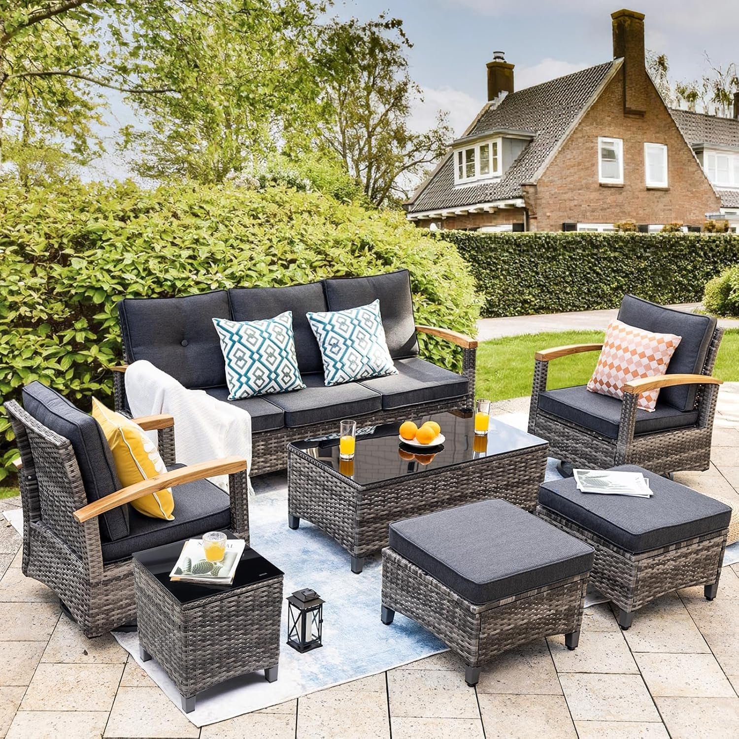 Outdoor Rattan Patio Furniture Set with Swivel Rockers
