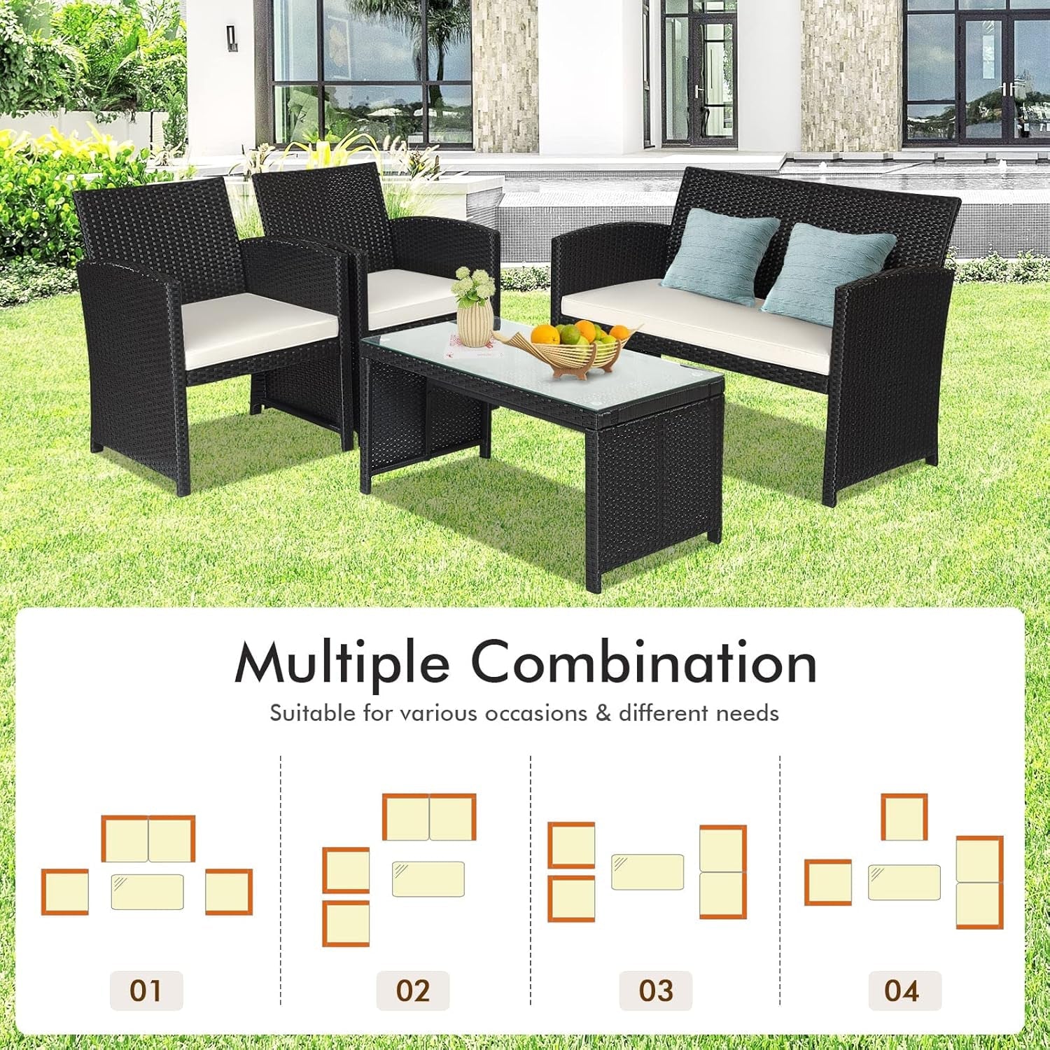 Rattan Outdoor Patio Furniture Set 4 Piece White Cushions